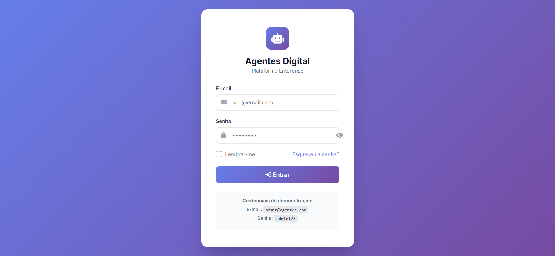Tela de login do Agentes Digital com acesso seguro à plataforma de gestão de agentes