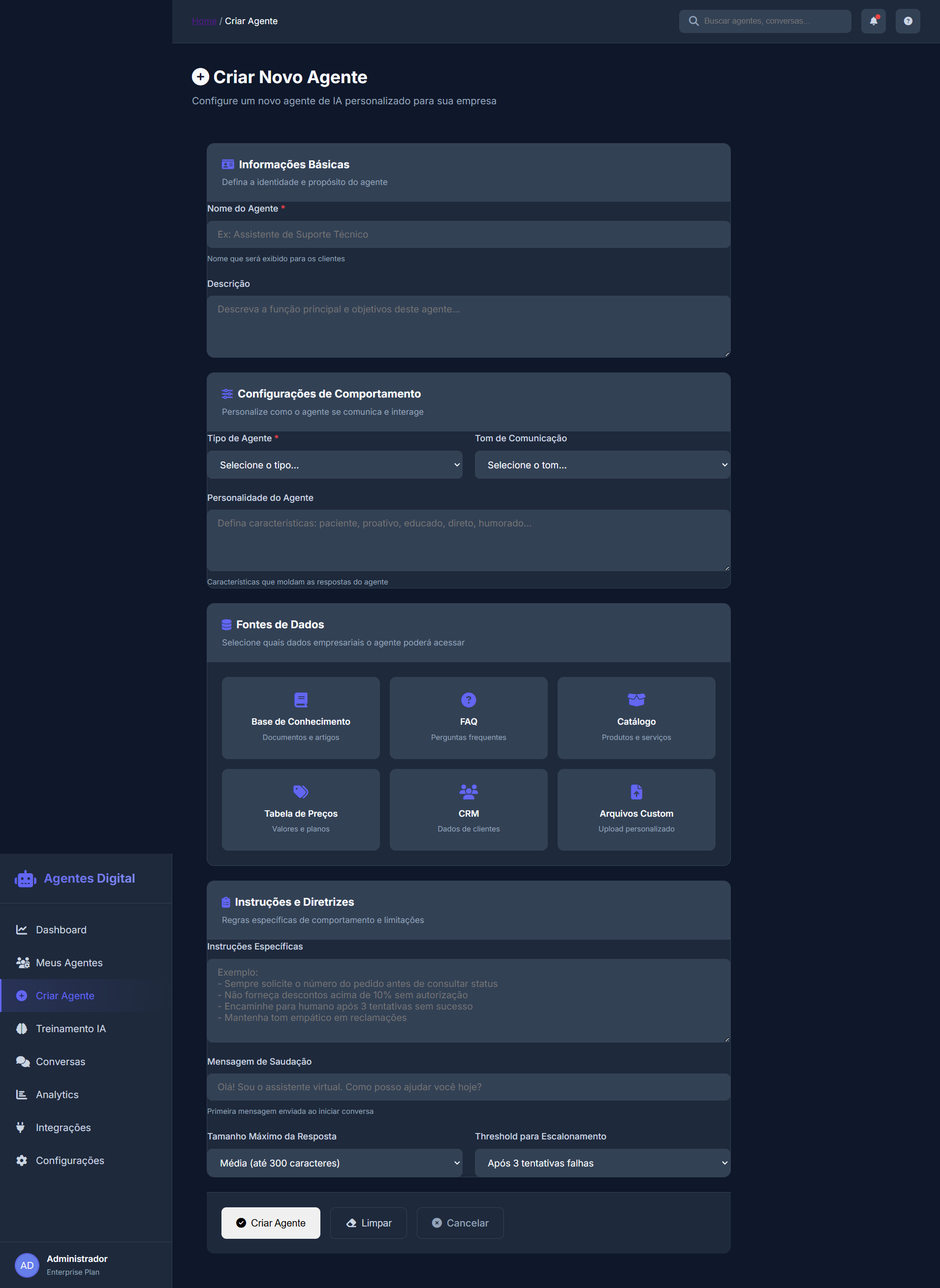 Interface de criação e configuração de novos agentes de IA no Agentes Digital