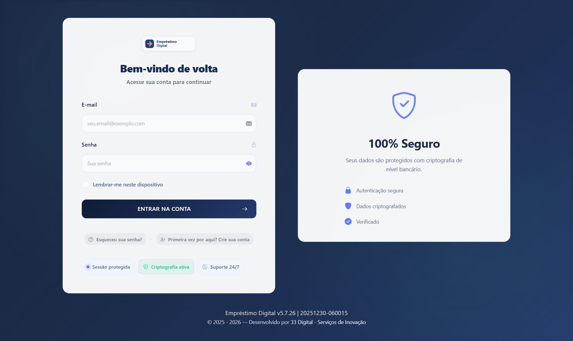Tela de login do EmpréstimoDigital com autenticação segura por perfil