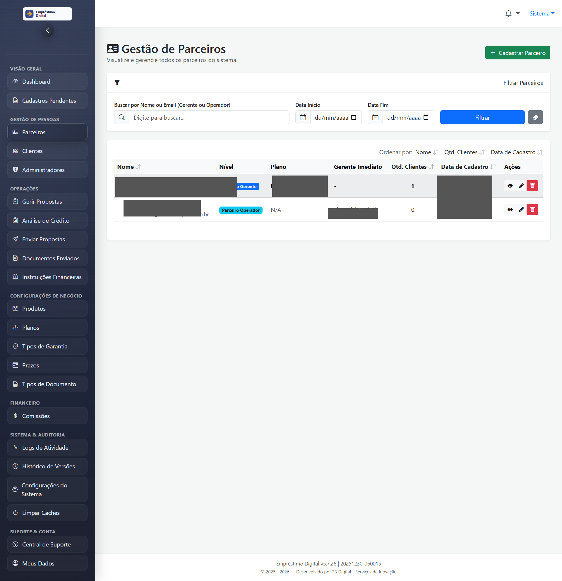 Tela de gestão de parceiros comerciais do EmpréstimoDigital com controle hierárquico