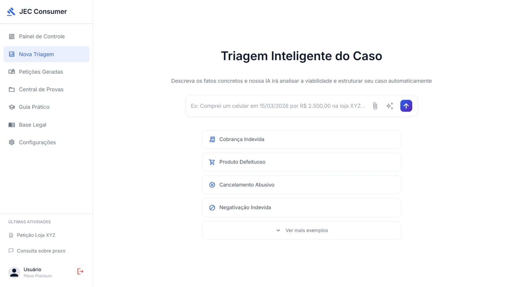 Interface de nova triagem no Judiciário Digital para registro e classificação inicial de situações jurídicas