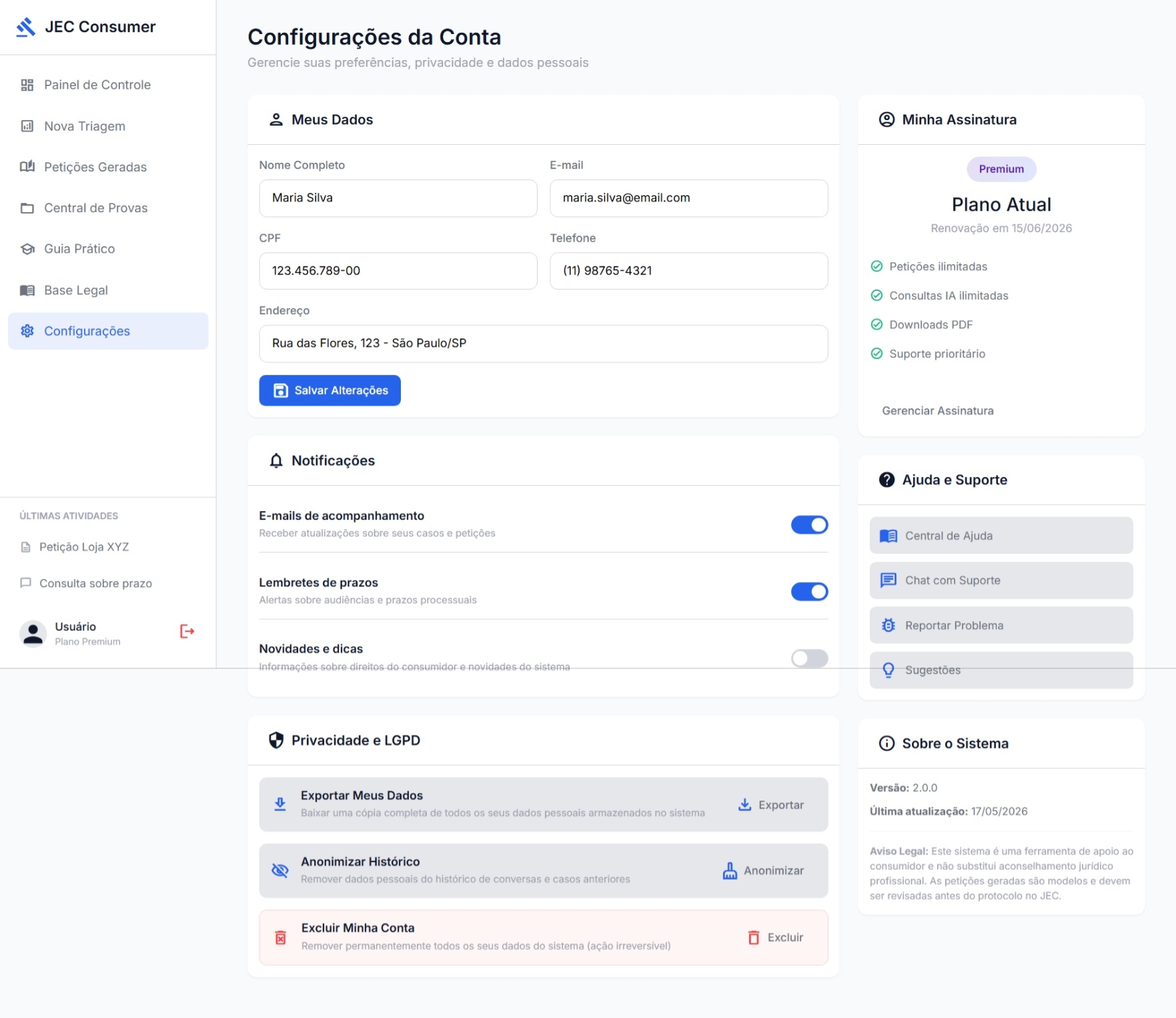 Tela de configurações do Judiciário Digital com gestão de perfil, preferências e parâmetros da plataforma