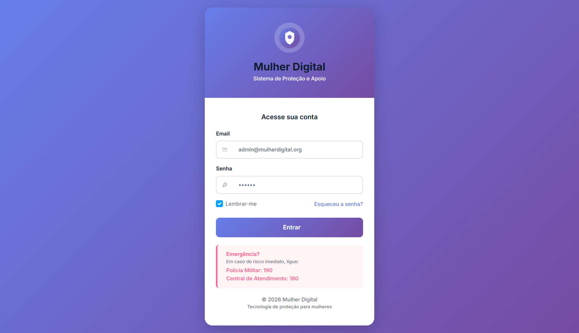 Tela de login do Mulher Digital com acesso seguro e discreto