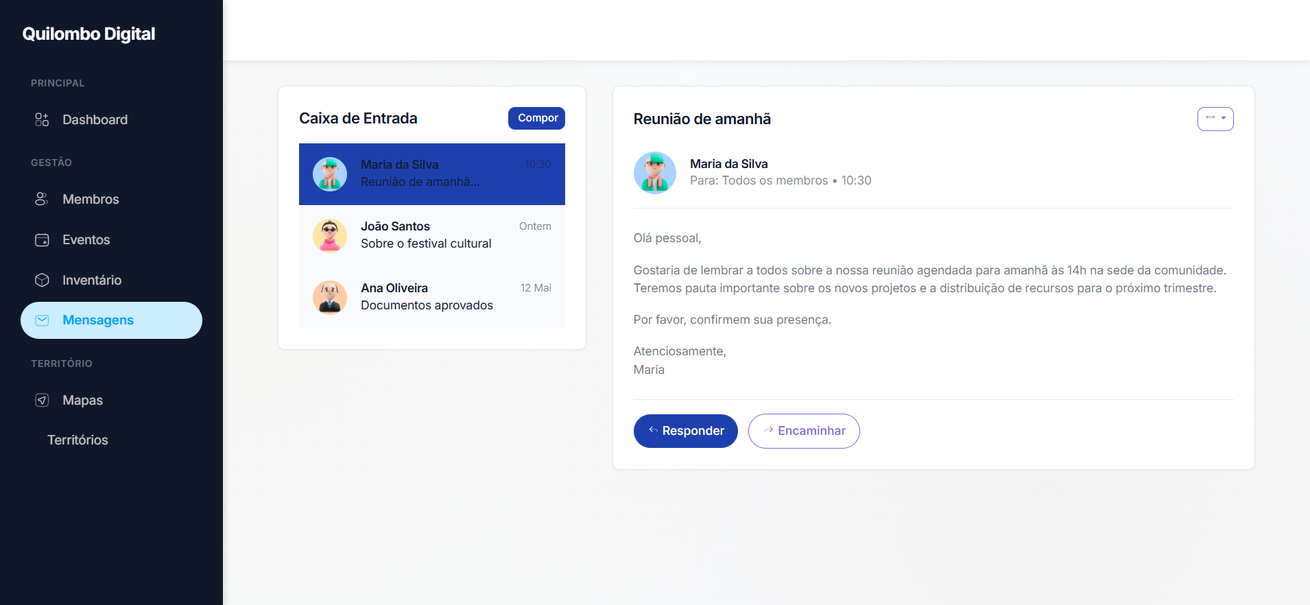 Interface de mensagens e comunicação interna do Quilombo Digital
